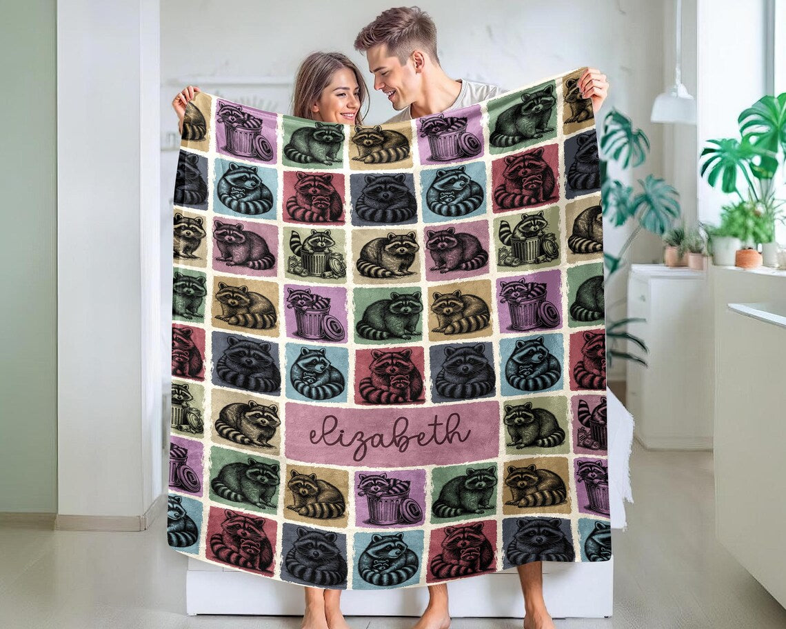 Personalized Raccoon Gift Blanket with Custom Name | Vintage Throw for Raccoon Lovers | Funny Trashy Animal Décor