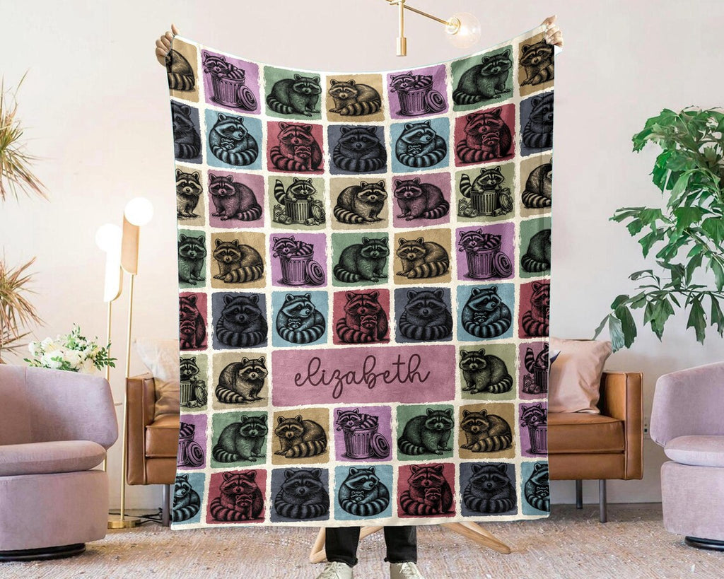 Personalized Raccoon Gift Blanket with Custom Name | Vintage Throw for Raccoon Lovers | Funny Trashy Animal Décor
