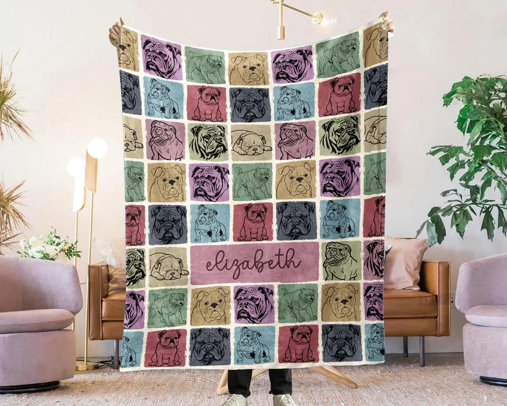 Bulldog Custom Name Blanket Gift | Personalized Vintage English Bulldog Throw | Name Bulldog Lover Blankets | Animal Lover Throw