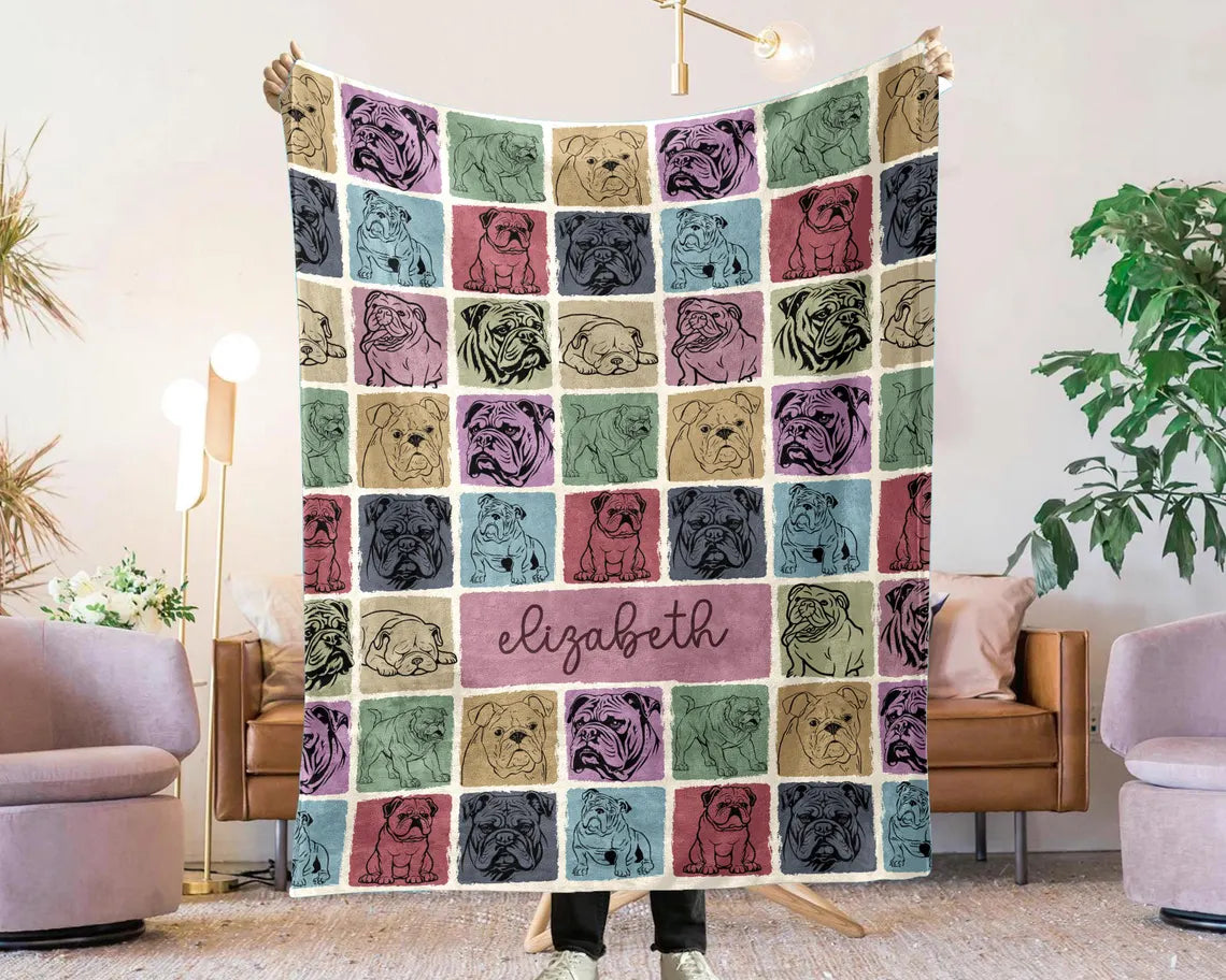 Bulldog Custom Name Blanket Gift | Personalized Vintage English Bulldog Throw | Name Bulldog Lover Blankets | Animal Lover Throw