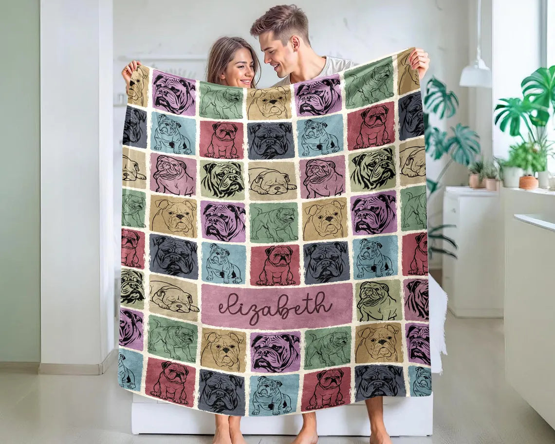 Bulldog Custom Name Blanket Gift | Personalized Vintage English Bulldog Throw | Name Bulldog Lover Blankets | Animal Lover Throw