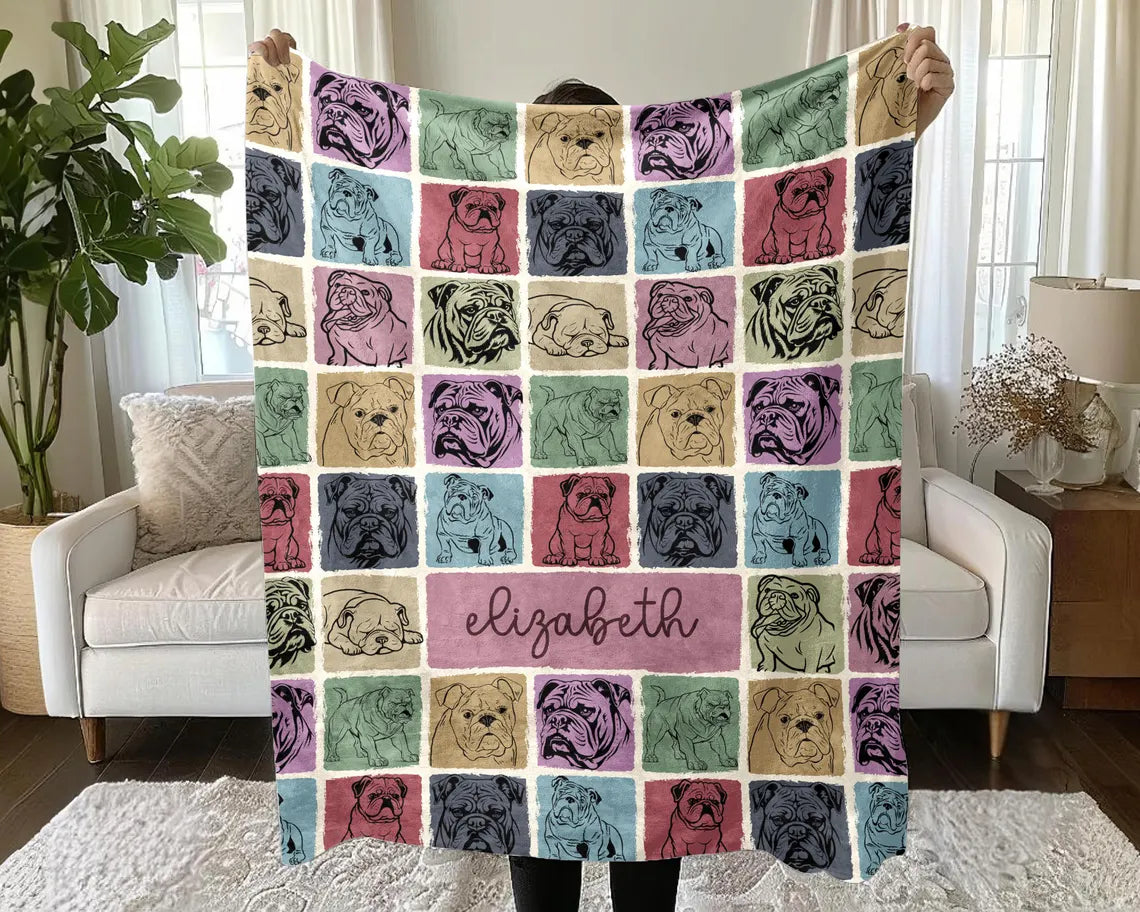 Bulldog Custom Name Blanket Gift | Personalized Vintage English Bulldog Throw | Name Bulldog Lover Blankets | Animal Lover Throw