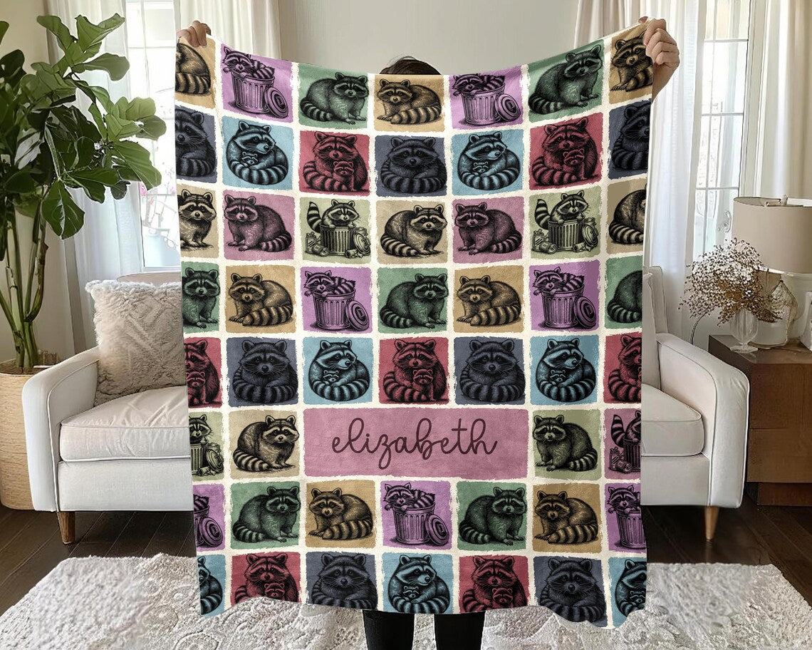 Personalized Raccoon Gift Blanket with Custom Name | Vintage Throw for Raccoon Lovers | Funny Trashy Animal Décor