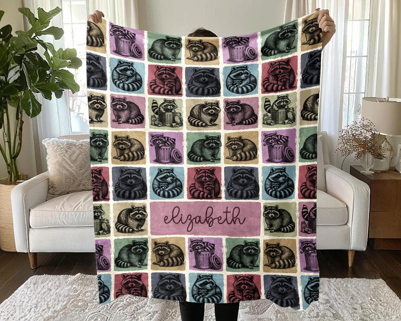 Personalized Raccoon Gift Blanket with Custom Name | Vintage Throw for Raccoon Lovers | Funny Trashy Animal Décor