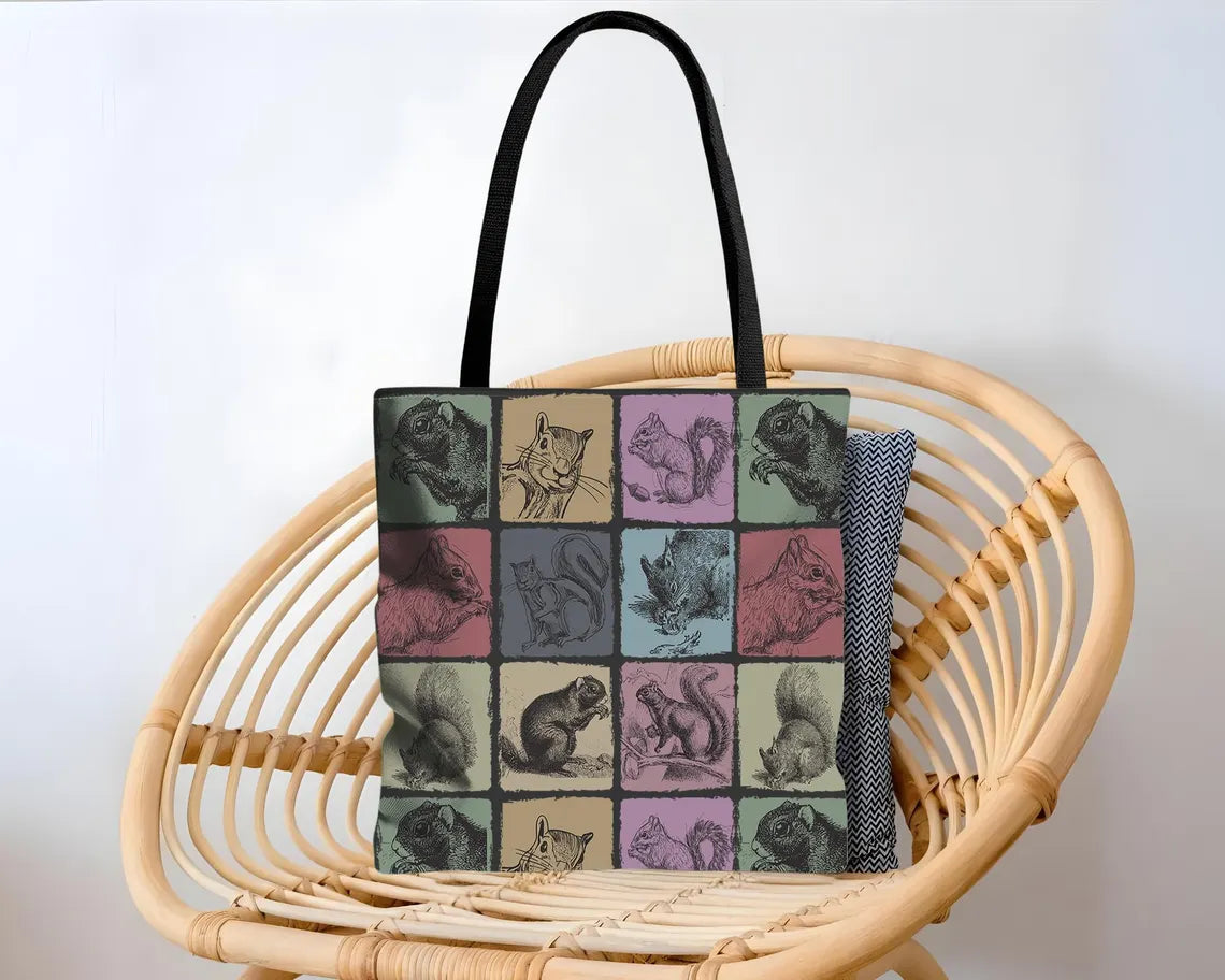 Title Vintage Squirrel Tote Bag – Retro Woodland Animal Over Shoulder Carry Bag – Cute Forest Lover Gift for Everyday Use