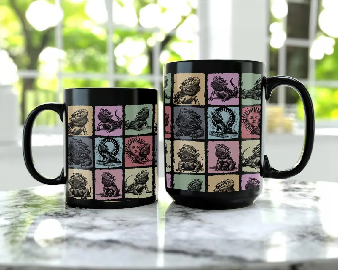 Vintage Bearded Dragon Lover Mug | Retro Black Coffee Cup | Distressed Reptile Mug Gift | Cute Bearded Dragon Lover Present for Pet Owners