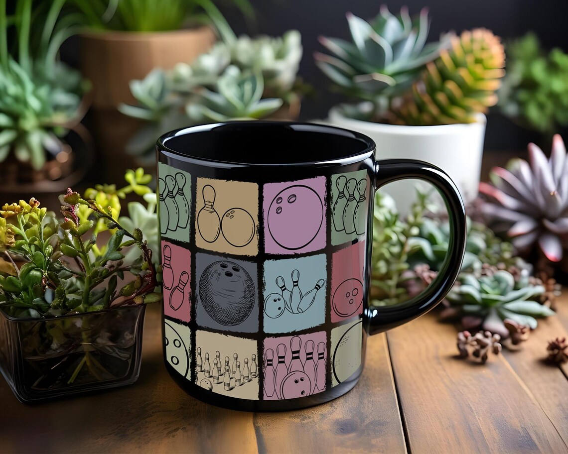 Vintage Bowling Lover Mug | Retro Black Coffee Cup Gift | Distressed Sports Enthusiast Present | Cute Bowler Mug