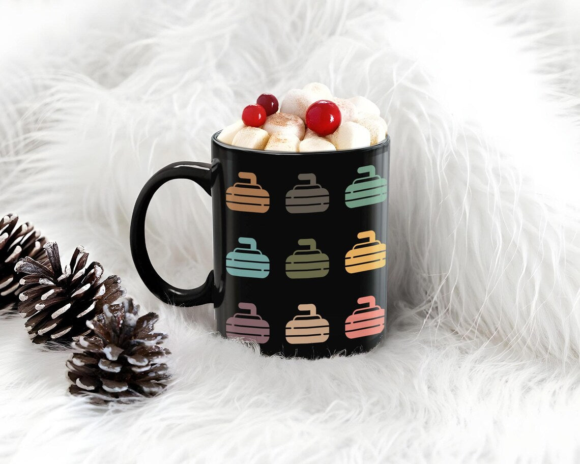Retro Curling Mug – Vintage Black Sports Coffee Cup Under $25, Distressed Curling Enthusiast Gift for Him & Her ☕🥌