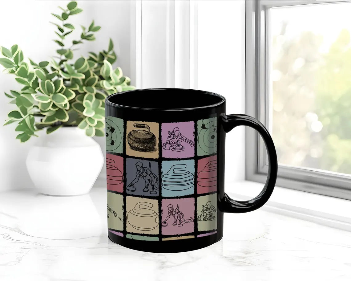 Vintage Curling Lover Mug – Retro Black Sports Coffee Cup Under $25, Distressed Curling Enthusiast Gift for Him & Her ☕🥌