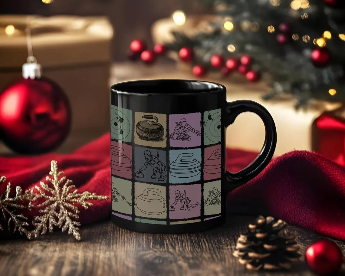 Vintage Curling Lover Mug – Retro Black Sports Coffee Cup Under $25, Distressed Curling Enthusiast Gift for Him & Her ☕🥌