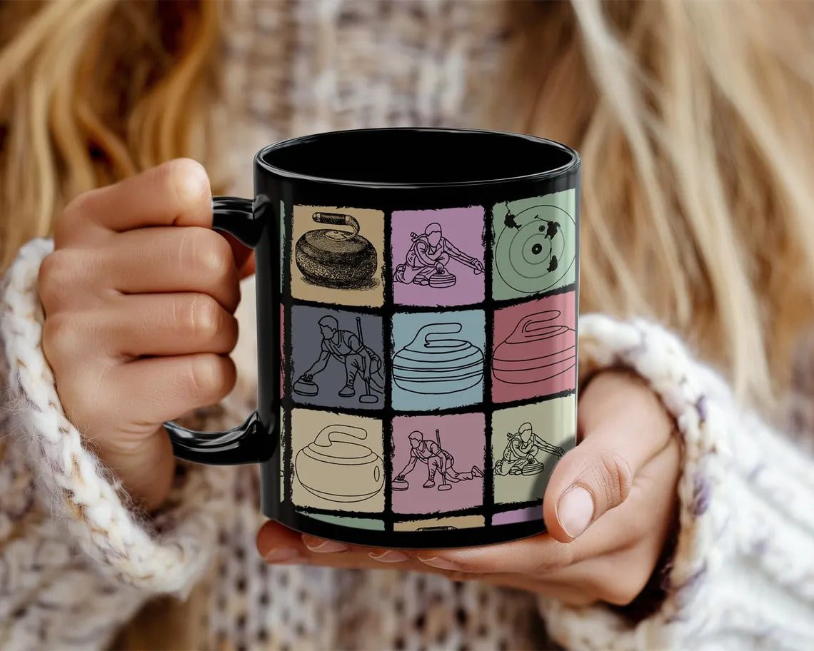 Vintage Curling Lover Mug – Retro Black Sports Coffee Cup Under $25, Distressed Curling Enthusiast Gift for Him & Her ☕🥌