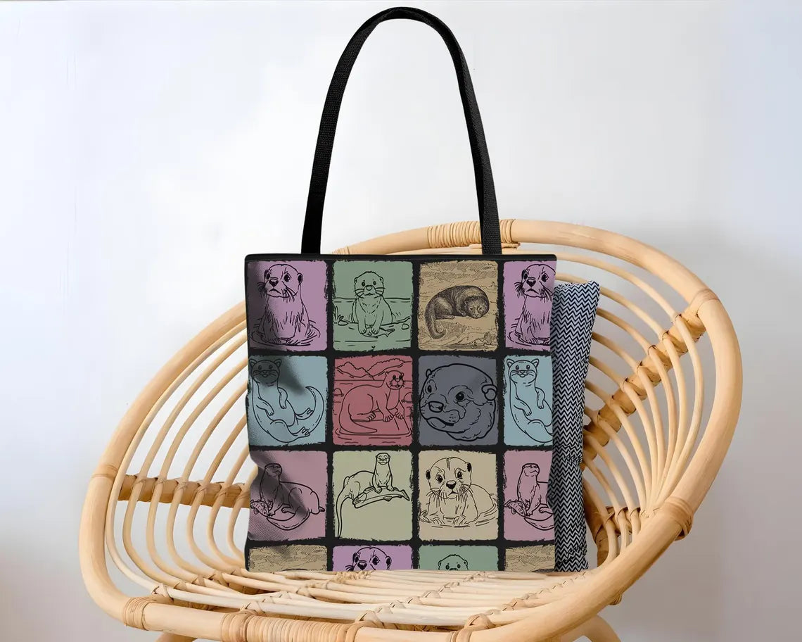 Vintage Otter Lover Tote Bag | Cute Aesthetic Over Shoulder Pet Animal Carrier | Everyday School Grocery Gift