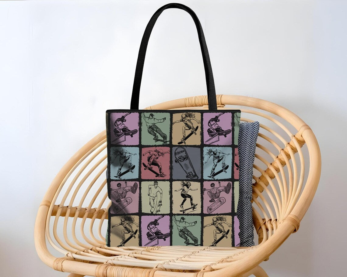 Vintage Skateboarding Tote Bag – Cool Skater Over Shoulder Carry Bag – Aesthetic School Gift for Lovers