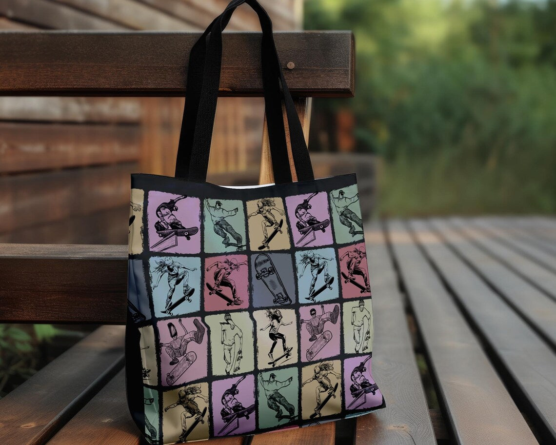 Vintage Skateboarding Tote Bag – Cool Skater Over Shoulder Carry Bag – Aesthetic School Gift for Lovers
