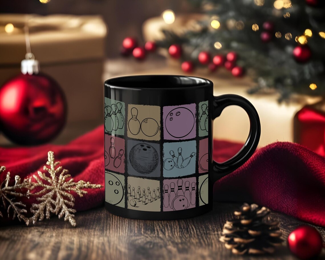 Vintage Bowling Lover Mug | Retro Black Coffee Cup Gift | Distressed Sports Enthusiast Present | Cute Bowler Mug