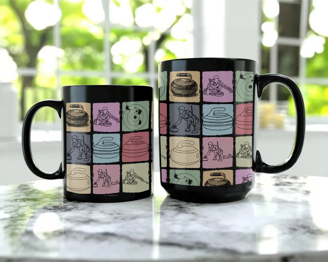 Vintage Curling Lover Mug – Retro Black Sports Coffee Cup Under $25, Distressed Curling Enthusiast Gift for Him & Her ☕🥌