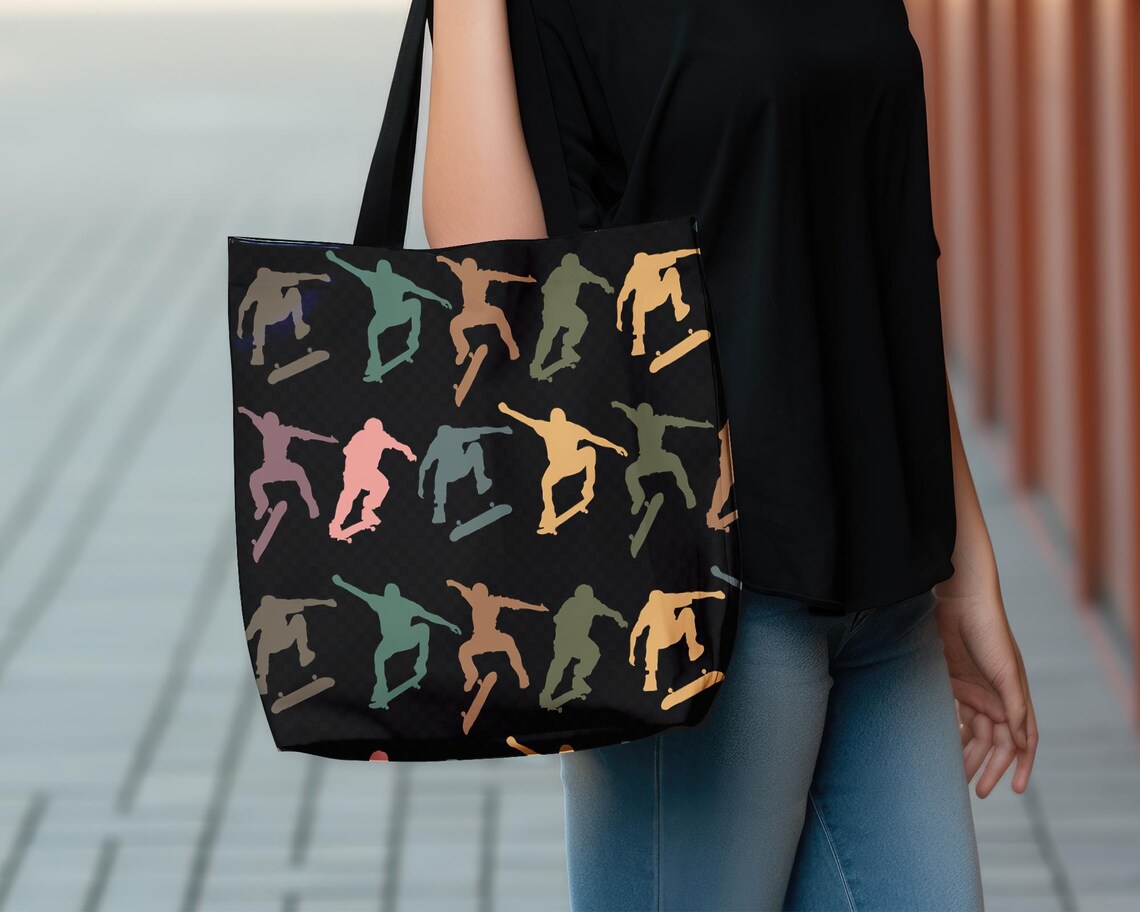 Retro Skateboarding Tote Bag – Cool Skater Over Shoulder Carry Bag – Aesthetic School Gift for Lovers