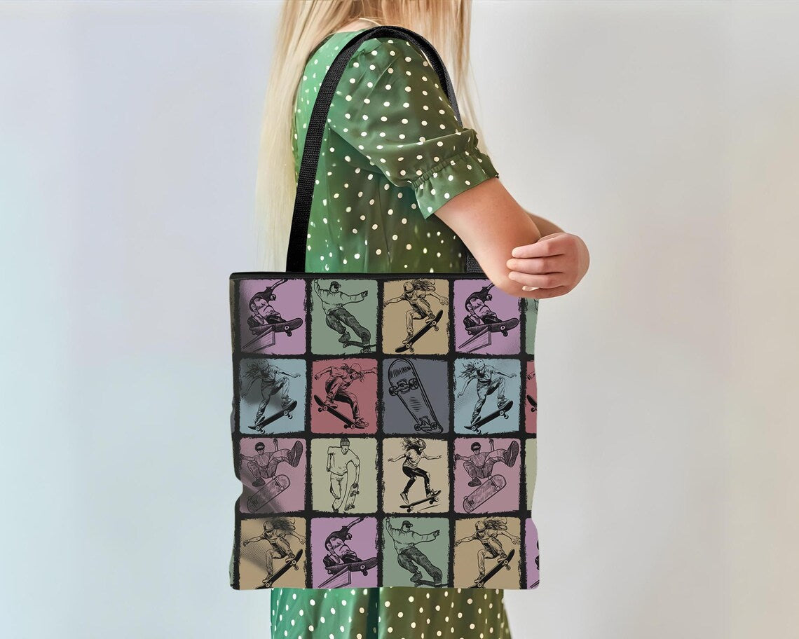 Vintage Skateboarding Tote Bag – Cool Skater Over Shoulder Carry Bag – Aesthetic School Gift for Lovers
