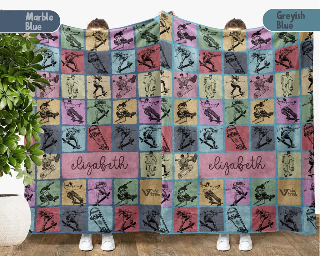 Custom Skateboarding Blanket, Personalized Name Skateboard Gift for Teens, Cool Skateboarder Throw for Boys, Girls, Unique Gift