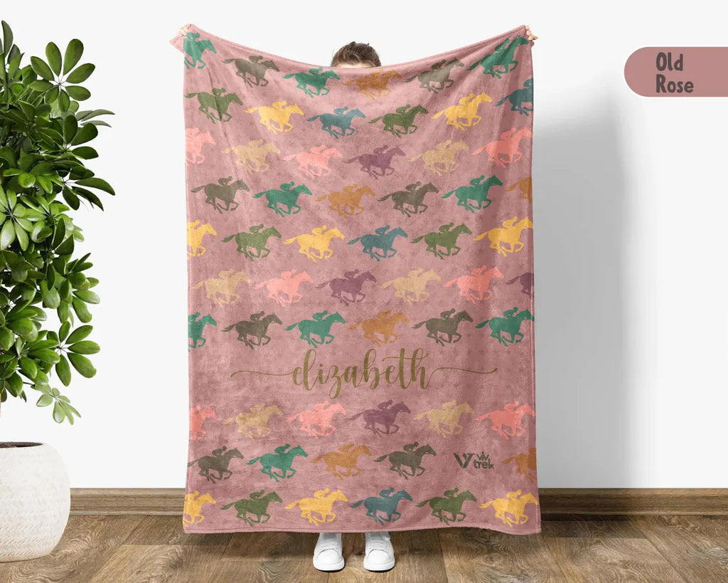 Personalized Horse Racing Blanket, Retro Custom Name Throw, Equestrian Lover Gift, Cozy Race Day Blanket, Sporty Decor for Racing Fans