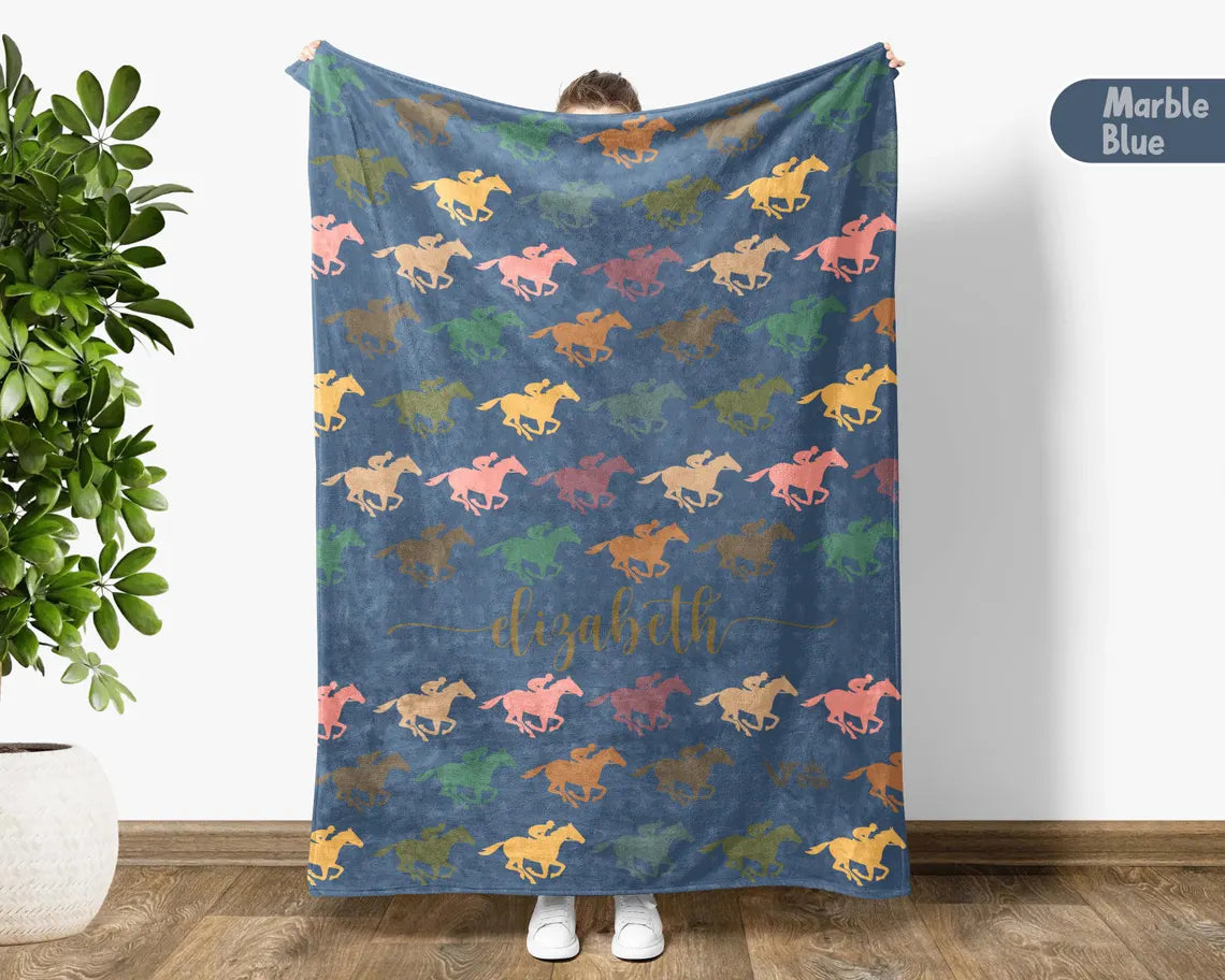 Personalized Horse Racing Blanket, Retro Custom Name Throw, Equestrian Lover Gift, Cozy Race Day Blanket, Sporty Decor for Racing Fans