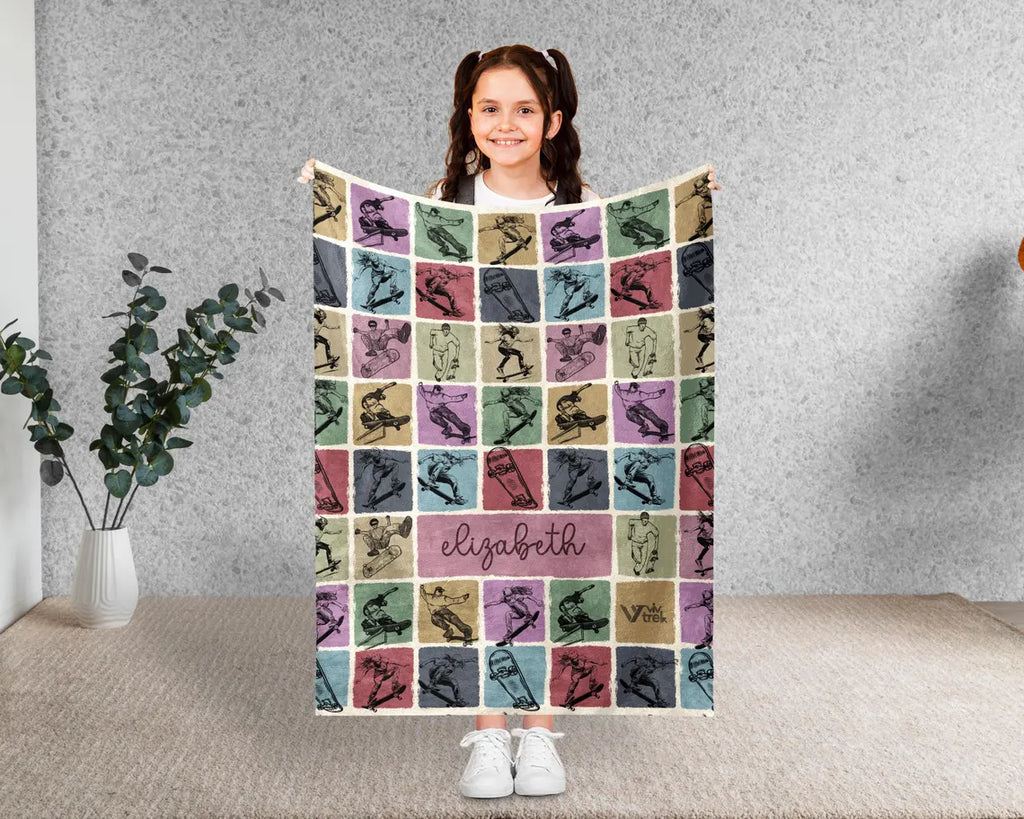 Custom Skateboarding Blanket, Personalized Name Skateboard Gift for Teens, Cool Skateboarder Throw for Boys, Girls, Unique Gift