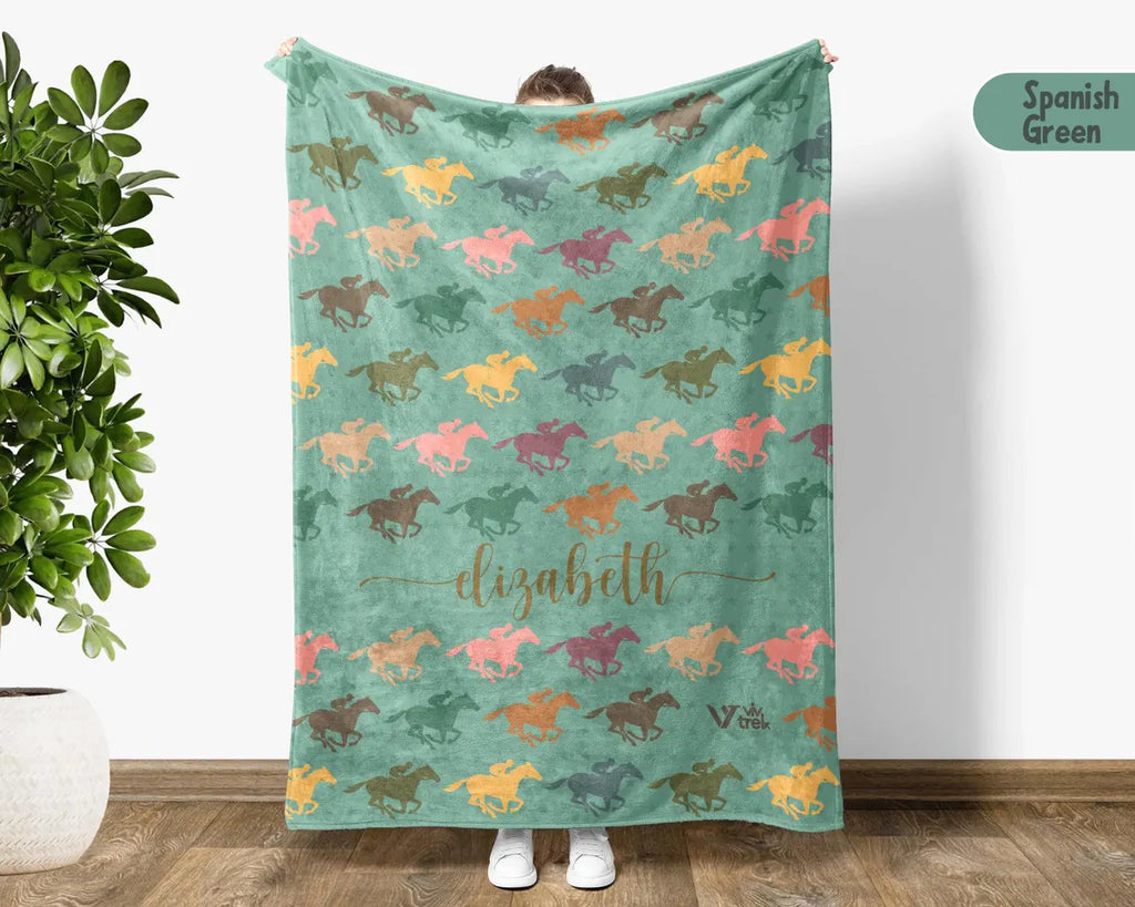 Personalized Horse Racing Blanket, Retro Custom Name Throw, Equestrian Lover Gift, Cozy Race Day Blanket, Sporty Decor for Racing Fans