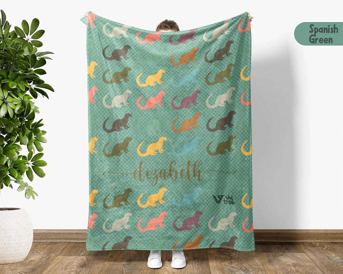Personalized Otter Gift Blanket with Custom Name | Retro Sea Life Lover Throw | Cozy Graphic Blankets