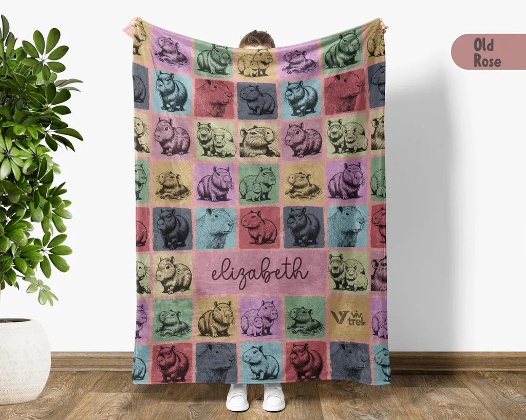 Custom Capybara Lover Blanket, Personalized Name Capybara Throw, Vintage Capybara Blanket, Retro Rodent Blanket, Cozy Capybara Gift