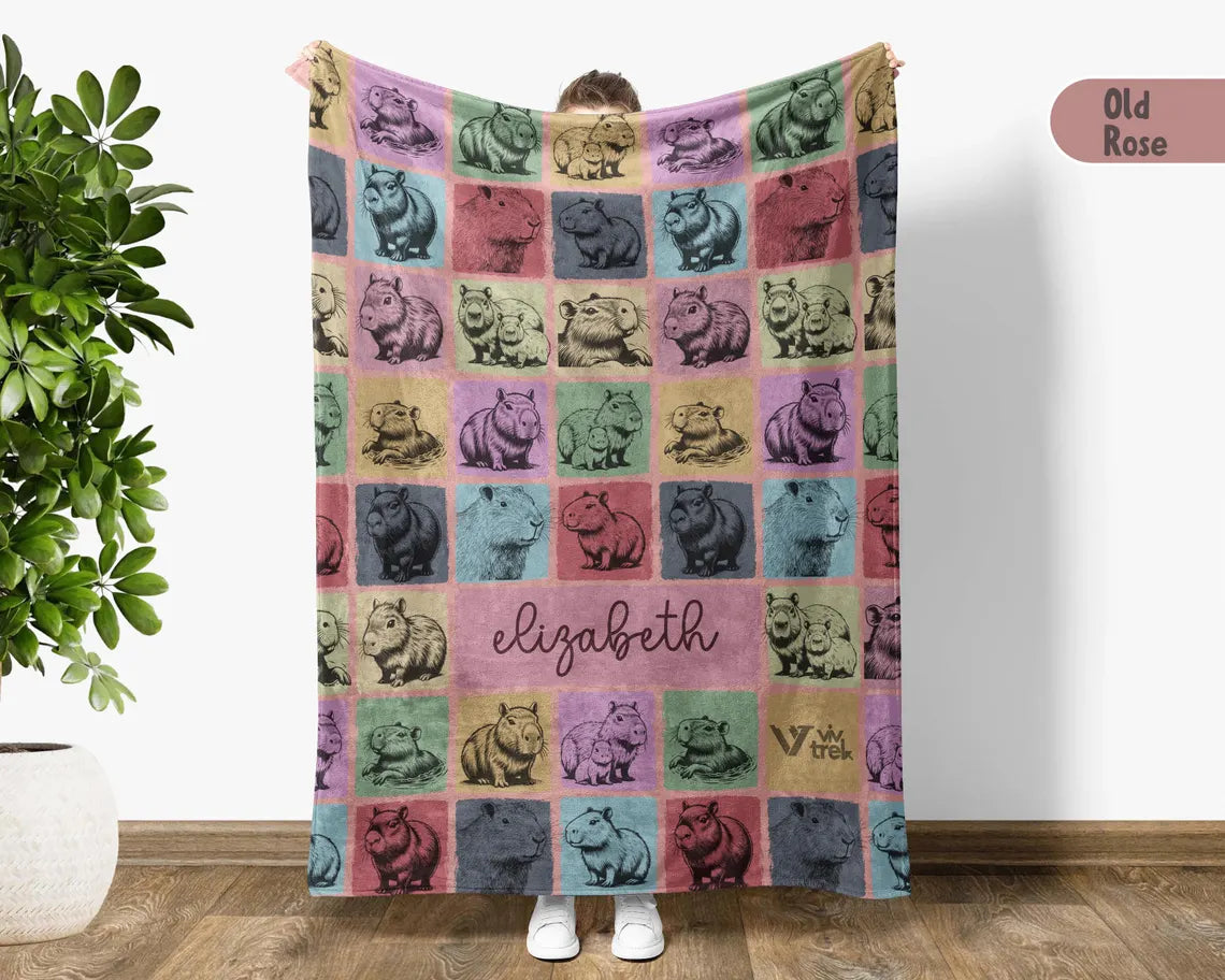 Custom Capybara Lover Blanket, Personalized Name Capybara Throw, Vintage Capybara Blanket, Retro Rodent Blanket, Cozy Capybara Gift