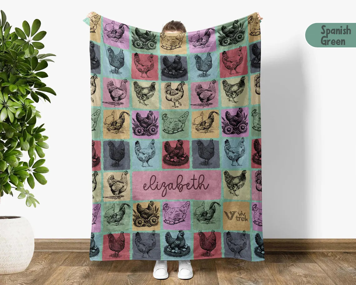 Custom Name Chicken Gift Blanket - Vintage Personalized Chicken Lover Throw - Retro Farm Animal Fleece Blanket Graphic Gift