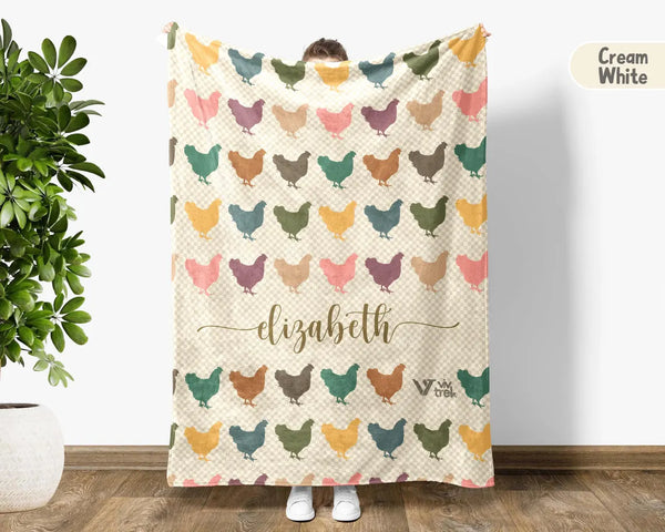 Custom Name Chicken Gift Blanket - Vintage Personalized Chicken Lover Throw - Retro Farm Animal Fleece Blanket Graphic Gift