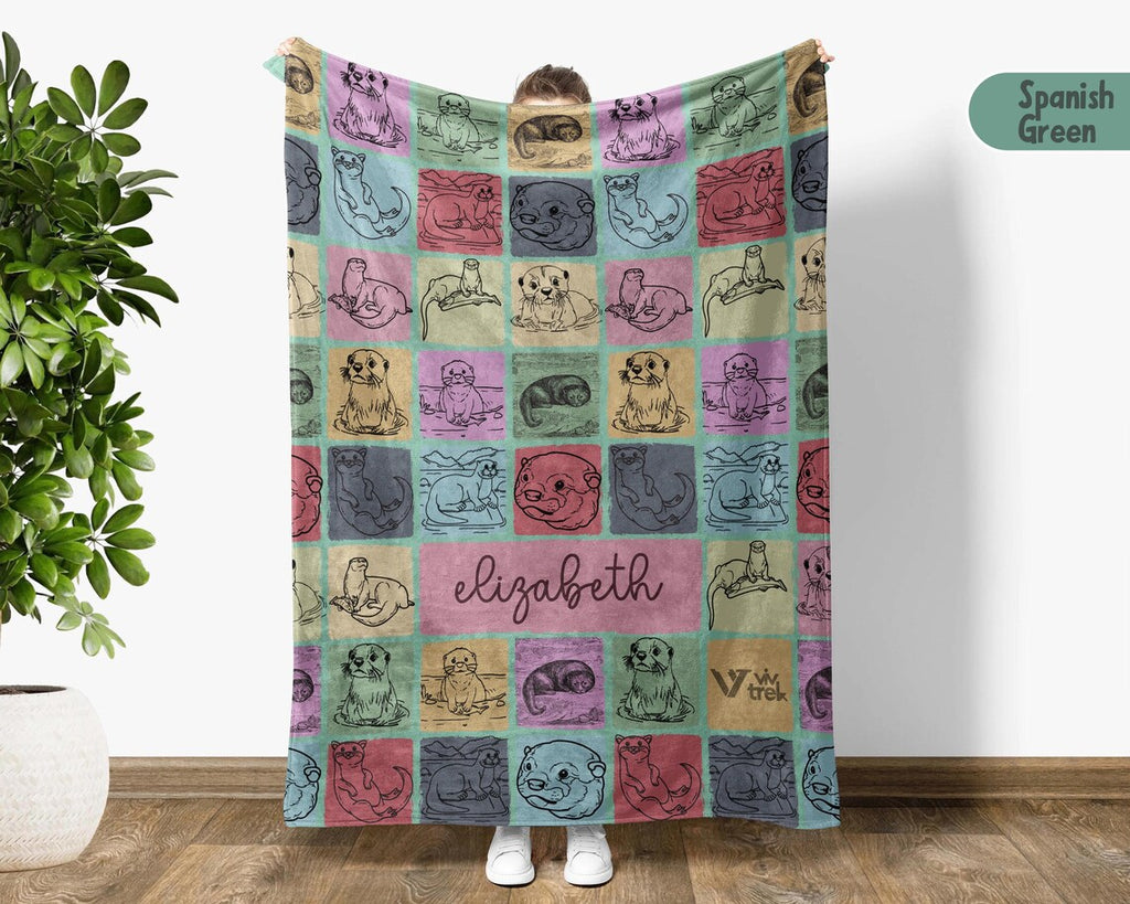 Personalized Otter Gift Blanket with Custom Name | Vintage Sea Life Lover Throw | Cozy Graphic Blankets