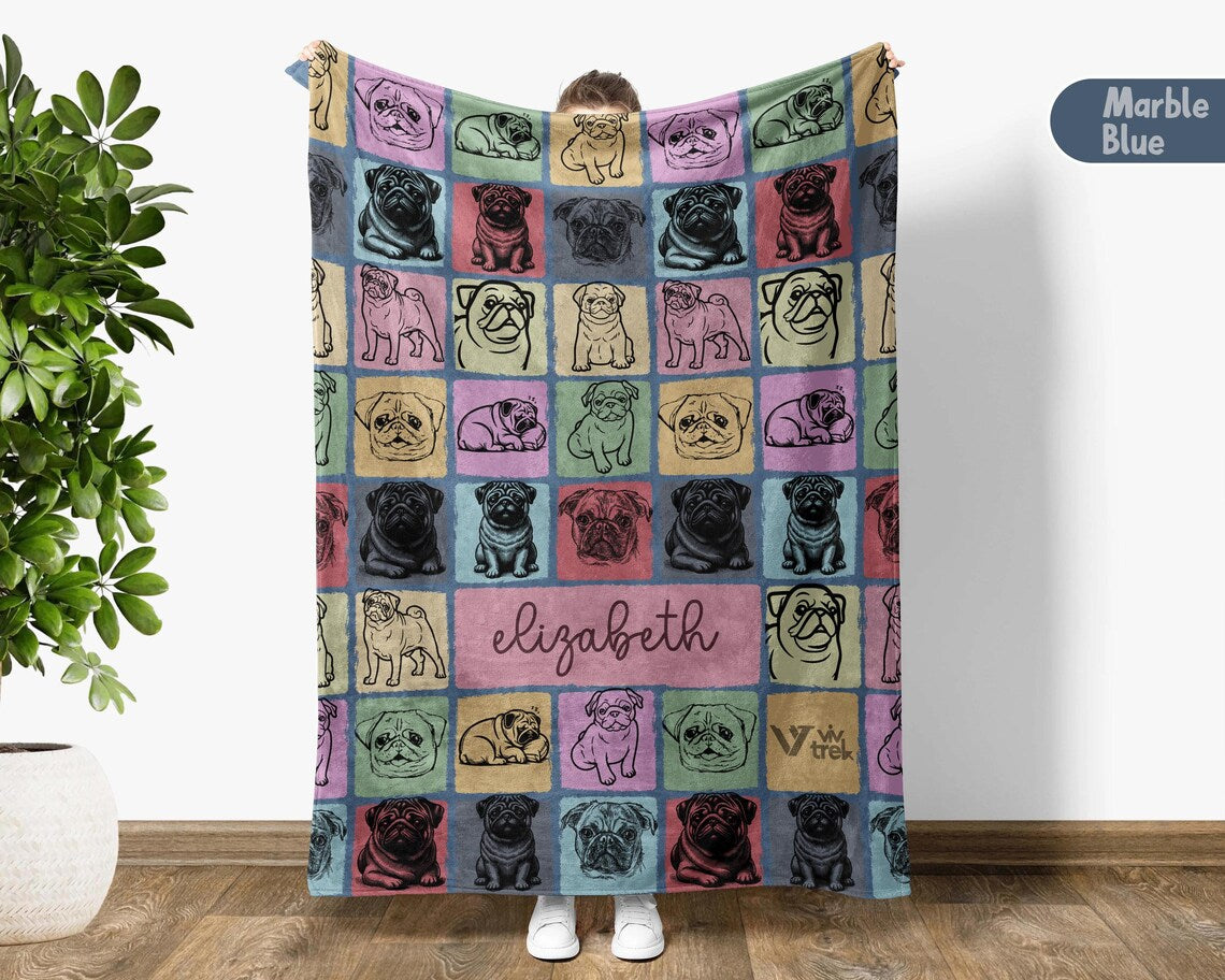 Custom Name Pug Dog Blanket | Vintage Personalized Throw | Retro Cozy Pet Lover Gift for Home Decor