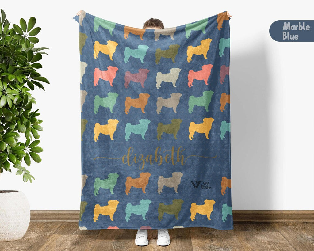 Personalized Custom Name Pug Dog Blanket | Vintage Retro Throw | Cozy Unique Pet Lover Gift for Home
