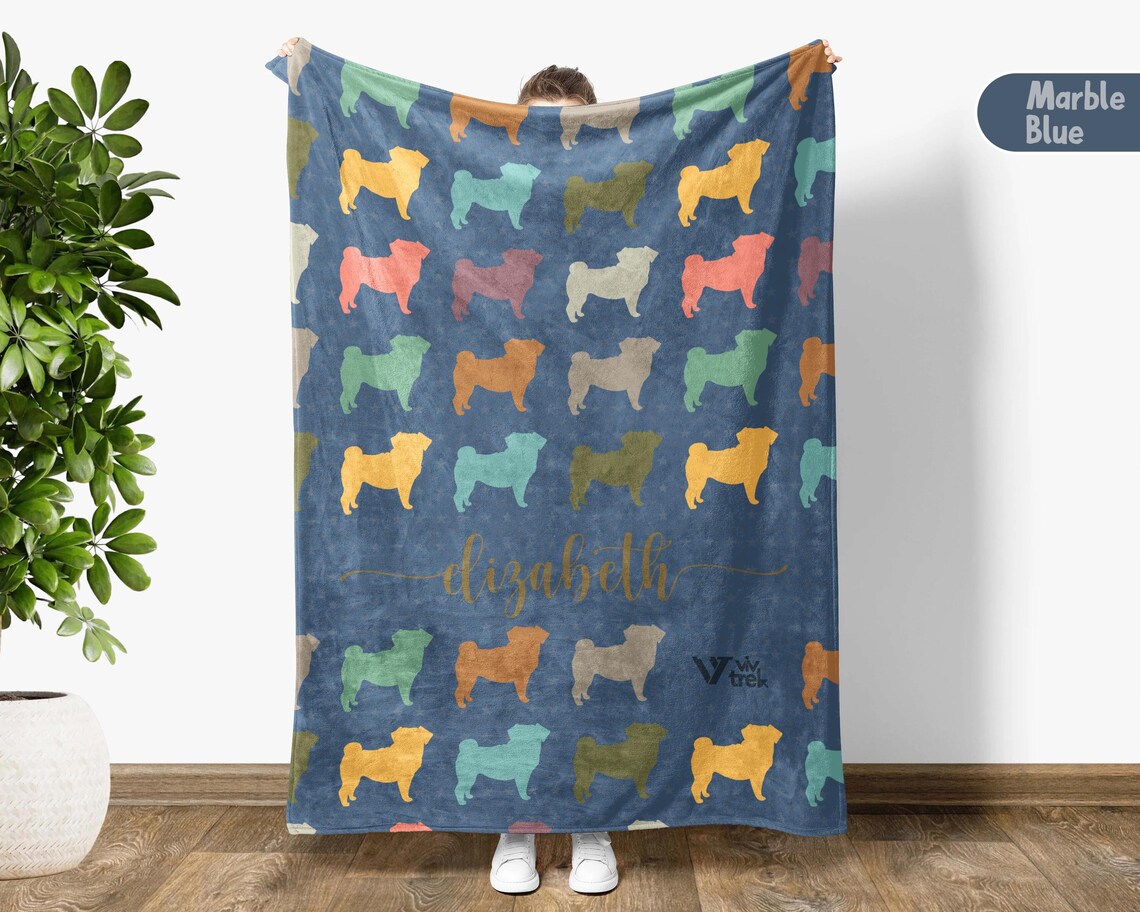 Personalized Custom Name Pug Dog Blanket | Vintage Retro Throw | Cozy Unique Pet Lover Gift for Home