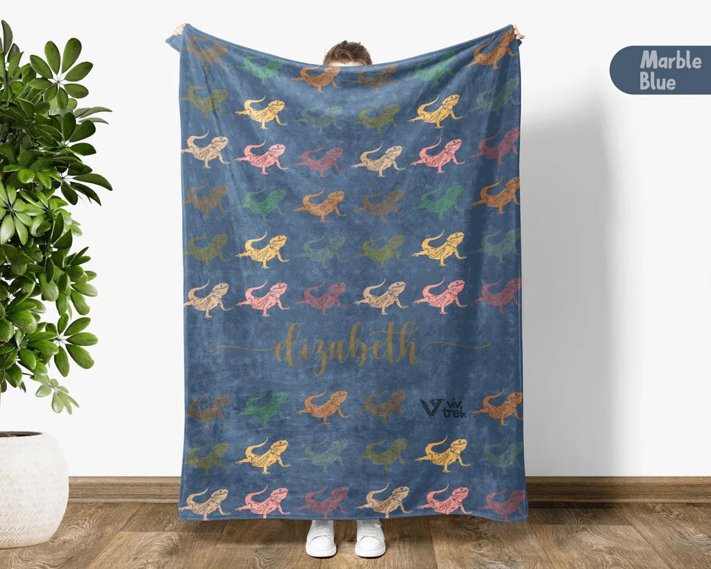 Custom Name Bearded Dragon Blanket | Personalized Vintage Lover Throw | Retro Reptile Graphic Blanket | Pet Lover Gift for Home