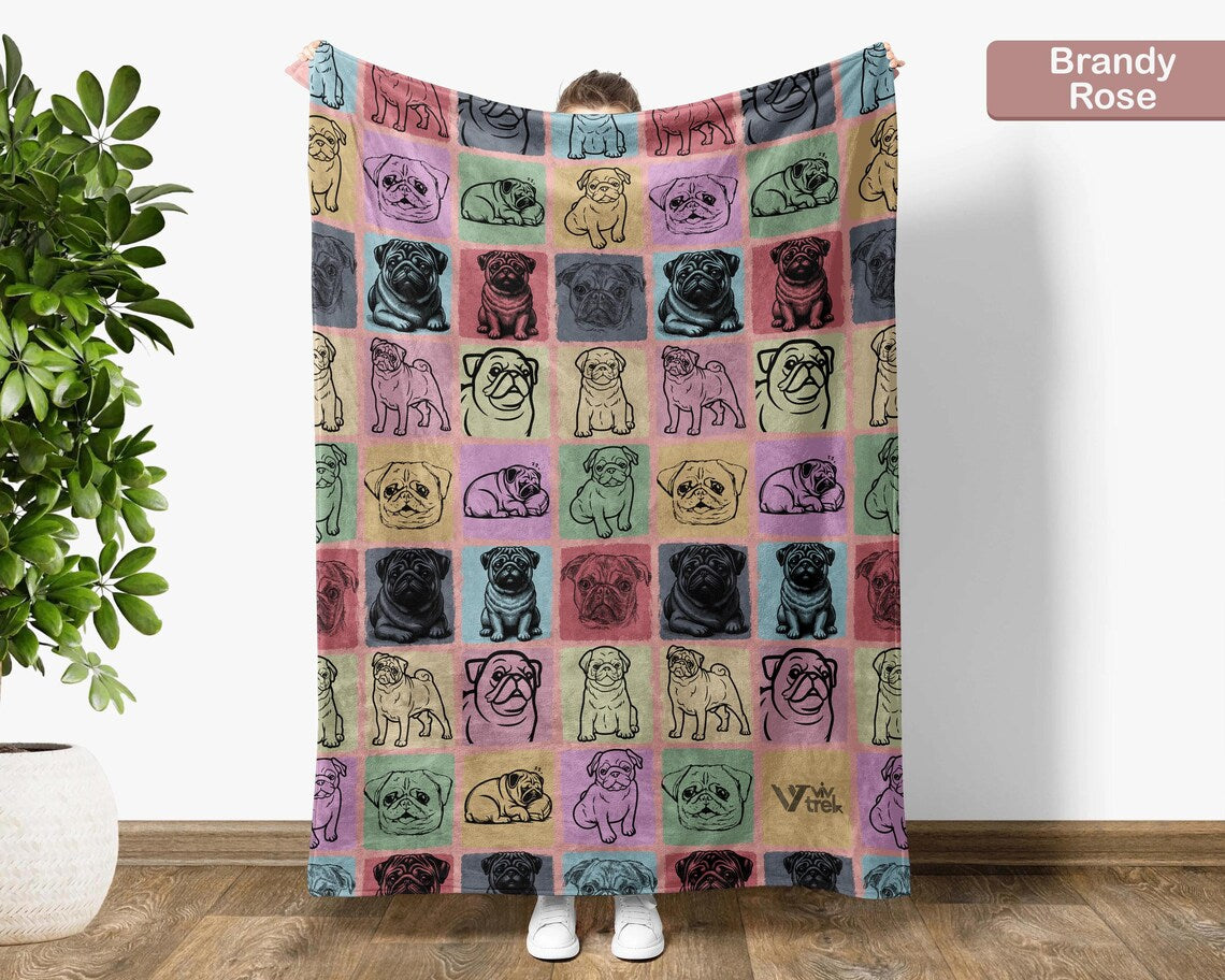 Vintage Pug Dog Blanket Throw | Cozy Retro Pug Lover Fleece Gift for Home | Unique Pet Themed Graphic Decor