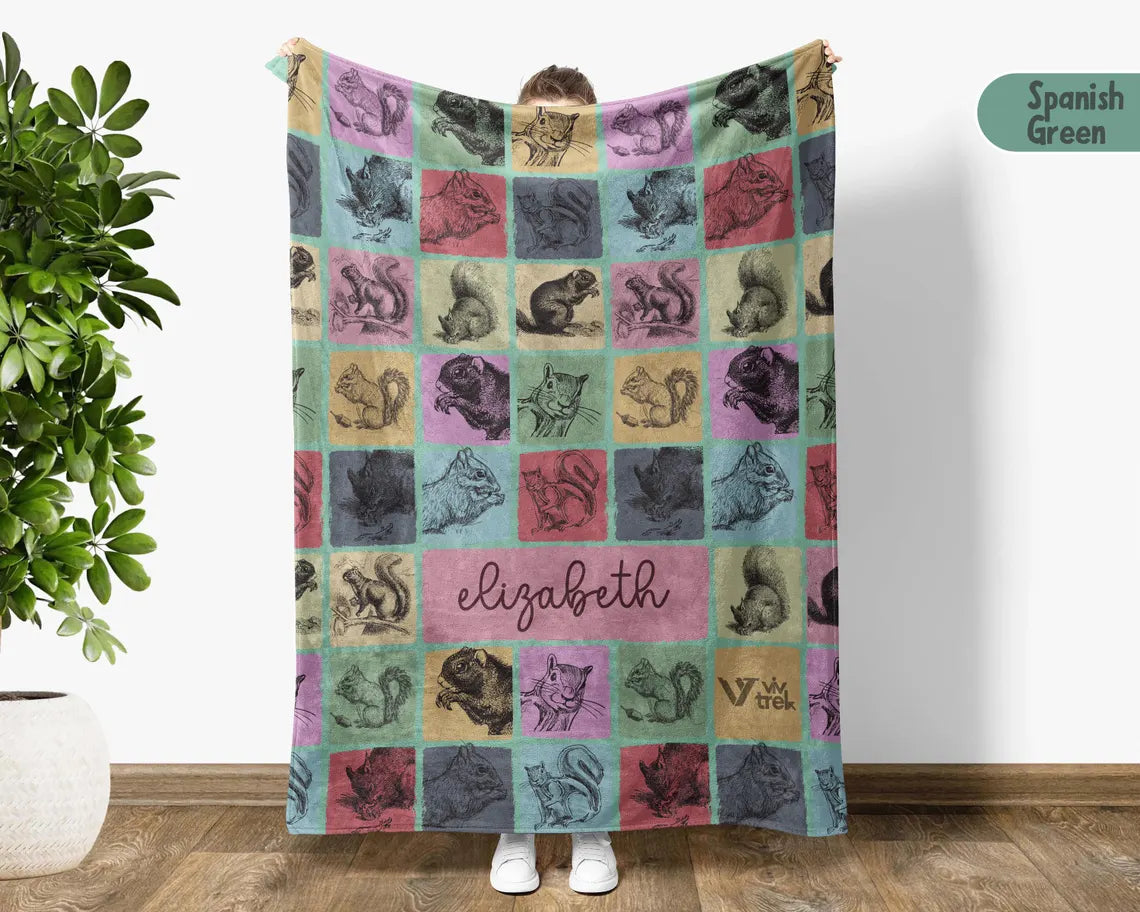 Custom Name Squirrel Blanket Gift, Personalized Chipmunk Throw, Funny Retro Nature Blanket & Mug Set, Unique Christmas Gift for Her Him