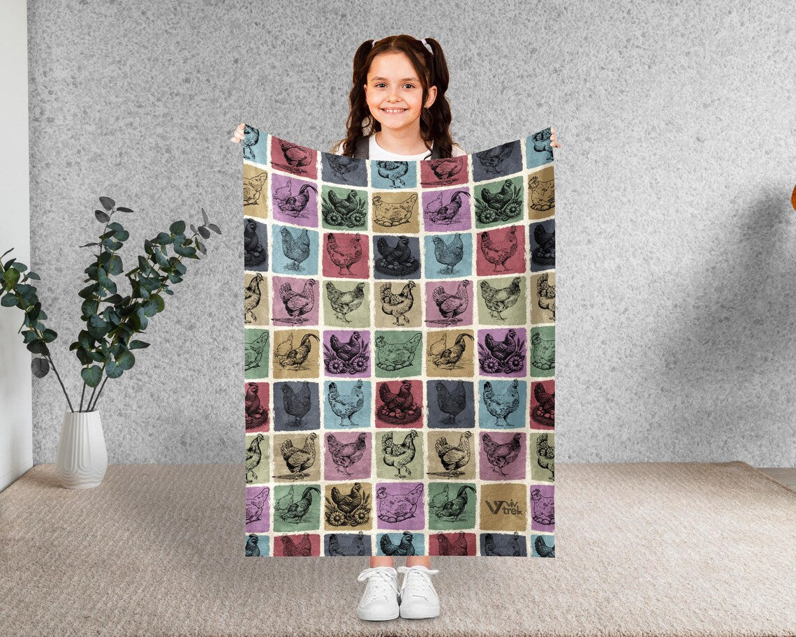 Chicken Gift Blanket Vintage Chicken Lover Throw - Retro Hen Fleece Blanket Cozy Chicken Graphic Unique Animal Lover Gift