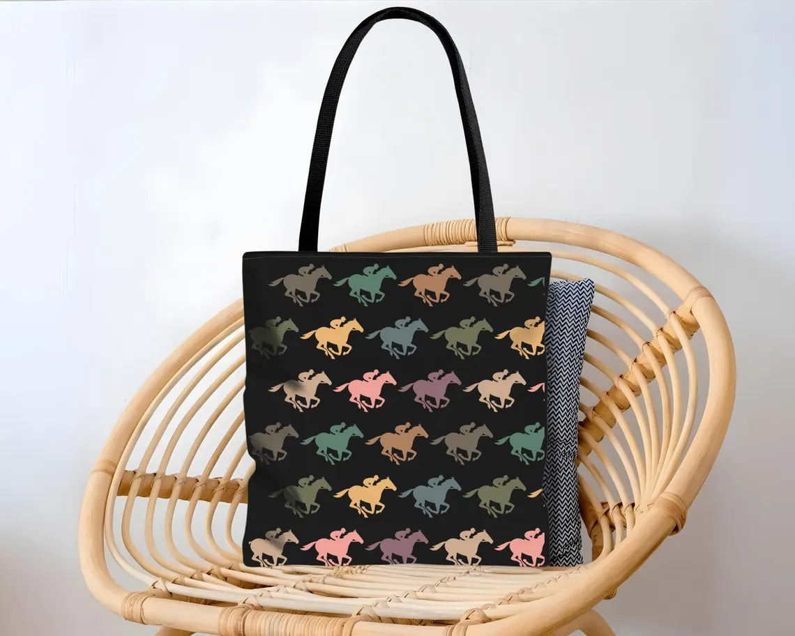 Retro Horse Racing Enthusiast Tote Bag – Equestrian Lover's Thoroughbred Racing Fan Gift – Stylish Race Day Accessory