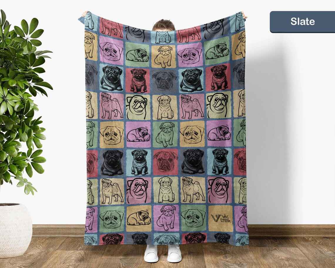 Vintage Pug Dog Blanket Throw | Cozy Retro Pug Lover Fleece Gift for Home | Unique Pet Themed Graphic Decor