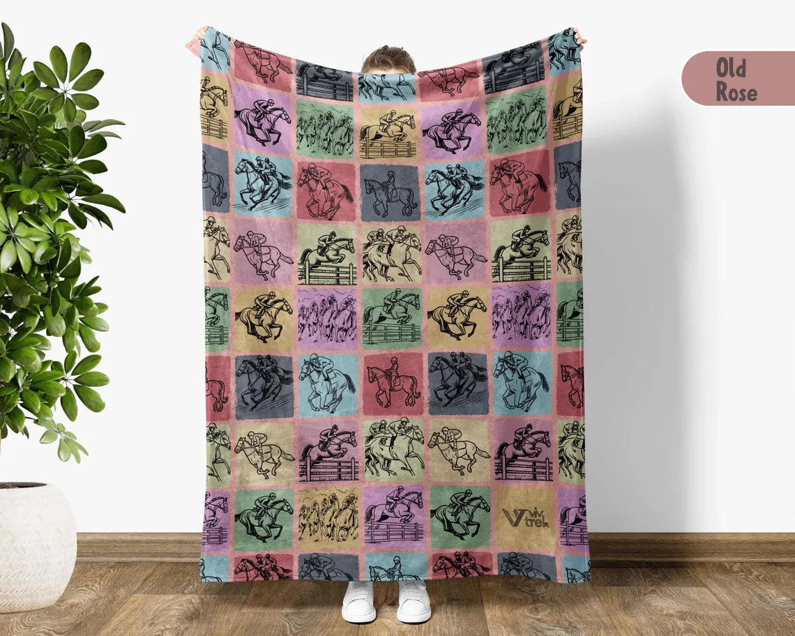 Vintage Horse Racing Blanket, Cozy Equestrian Lover Throw, Race Day Gift for Jockeys & Fans, Retro Horse Graphic Blanket