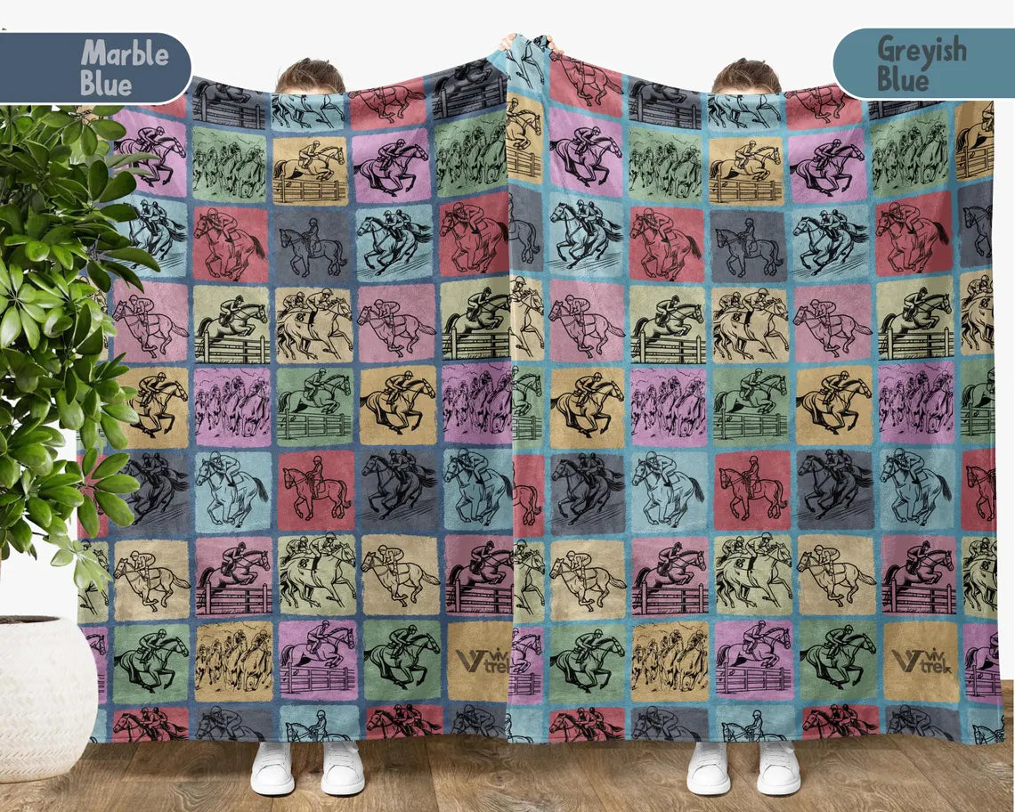 Vintage Horse Racing Blanket, Cozy Equestrian Lover Throw, Race Day Gift for Jockeys & Fans, Retro Horse Graphic Blanket