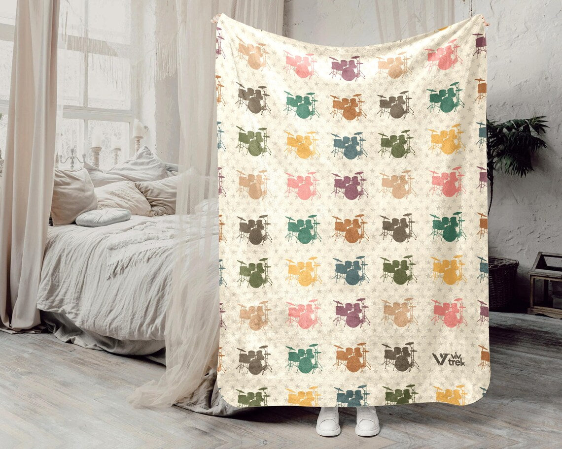 Drummer Gift Blanket Vintage Retro Drum Lover Throw - Cozy Musician Fleece Blanket Drummer Graphic Home Decor