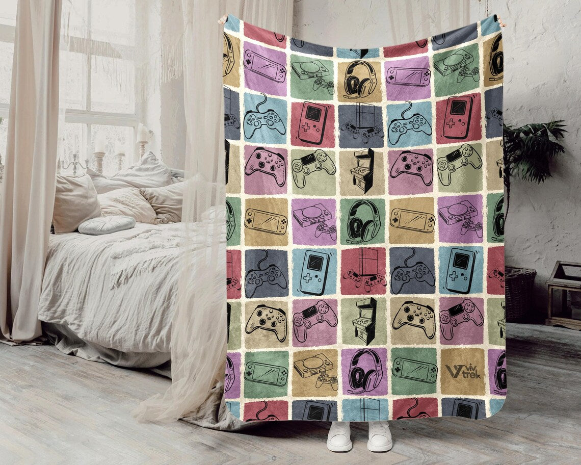 Vintage Video Gaming Gift Blanket - Retro Gamer Lover Throw - Cozy Fleece Video Game Graphic Blankets Unique Decor