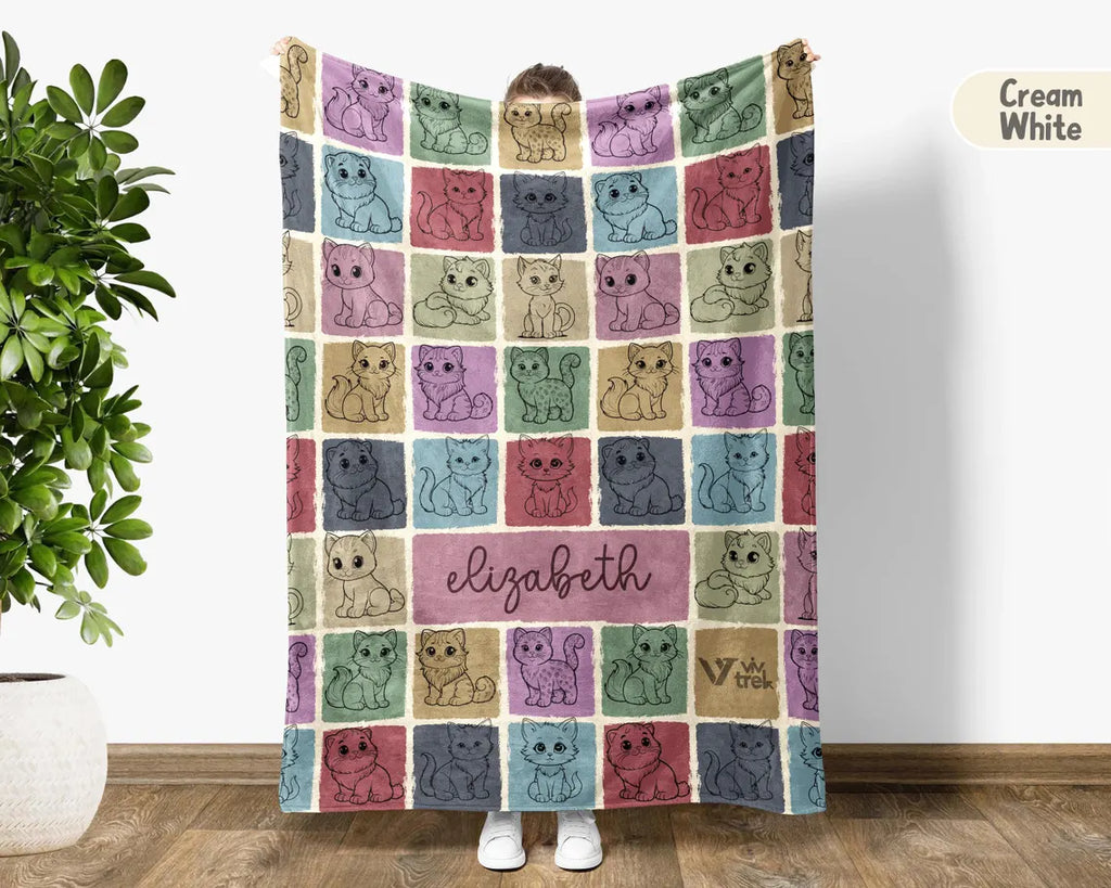 Custom Cat Lover Blanket Personalized Name Kitty Vintage Throw - Cute Kitten Gift Cozy Cat Graphic Custom Blankets