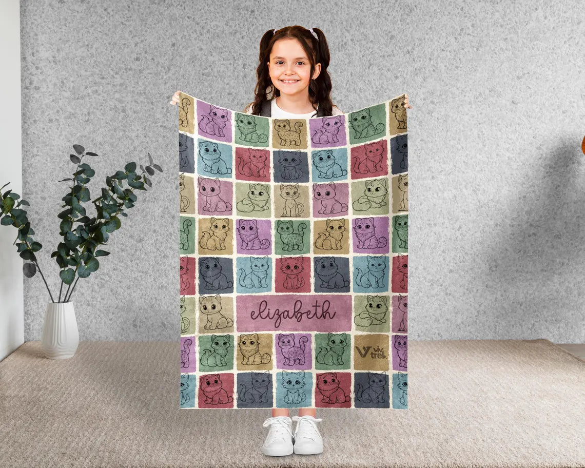 Custom Cat Lover Blanket Personalized Name Kitty Vintage Throw - Cute Kitten Gift Cozy Cat Graphic Custom Blankets