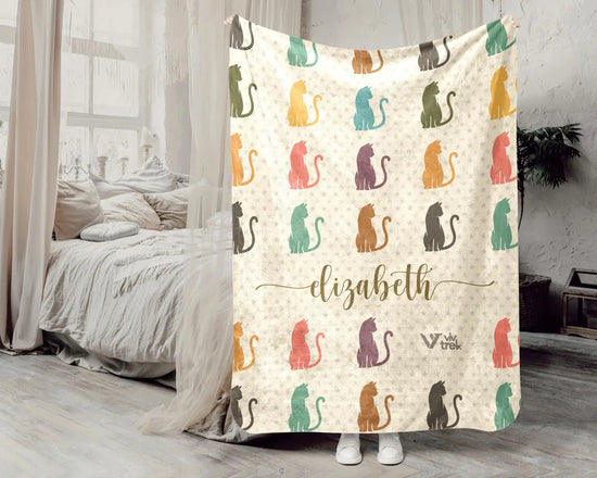 Custom Cat Lover Blanket Personalized Name Kitty Retro Throw - Cute Kitten Gift Cozy Cat Graphic Custom Blankets