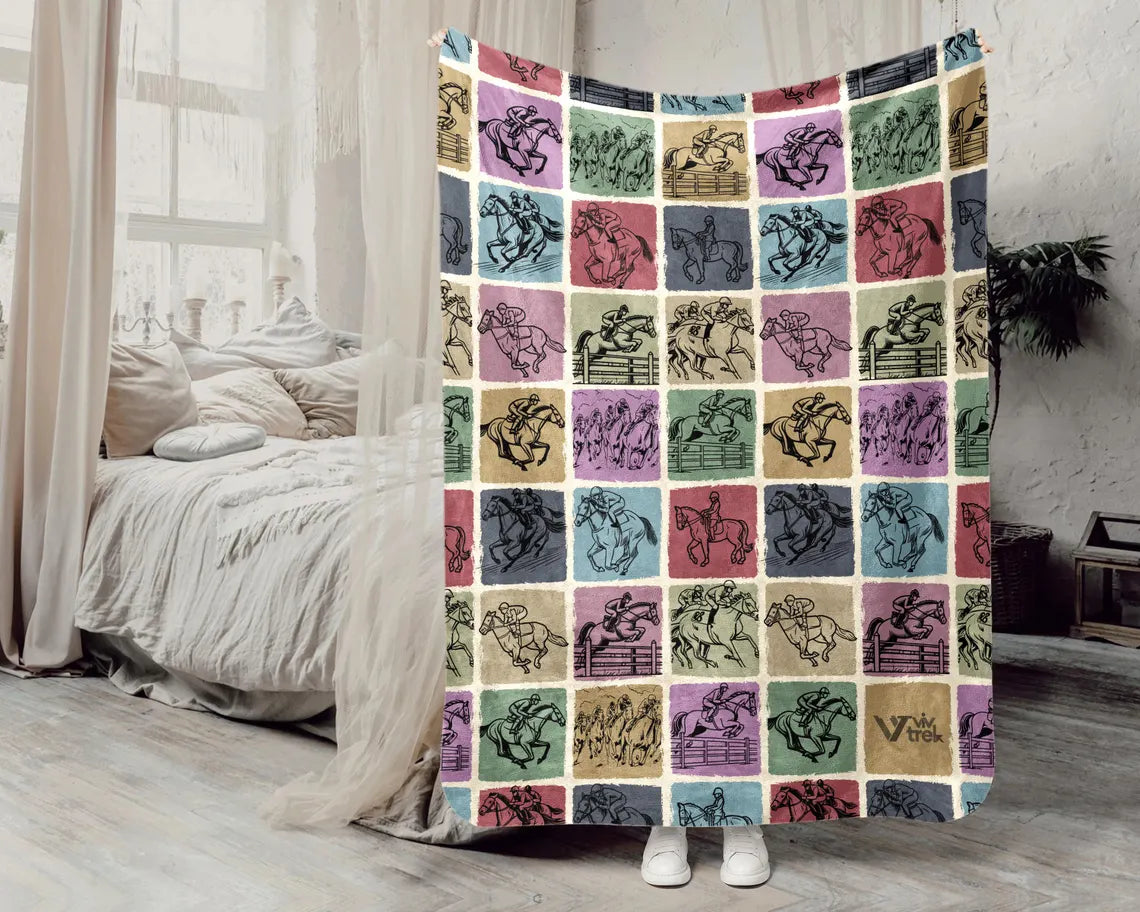 Vintage Horse Racing Blanket, Cozy Equestrian Lover Throw, Race Day Gift for Jockeys & Fans, Retro Horse Graphic Blanket